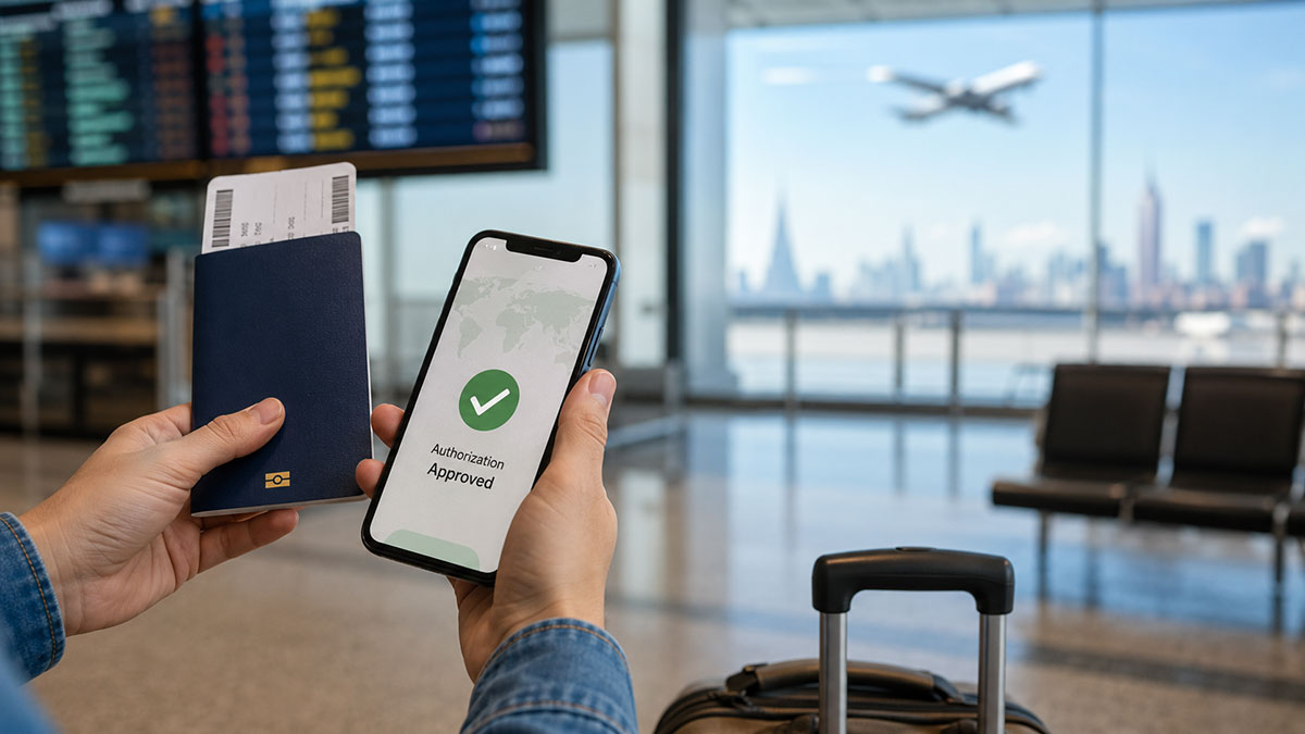 Pasaporte y autorización ESTA aprobada en un aeropuerto antes de viajar a Estados Unidos bajo el Visa Waiver Program
